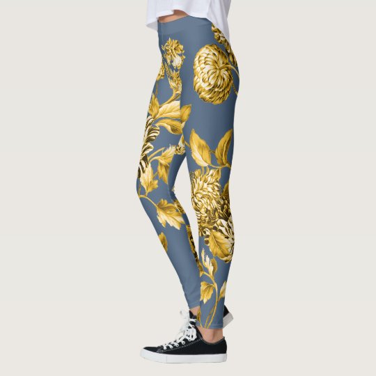 Gold Modern Botanical Floral Toile Slate Blue Leggings