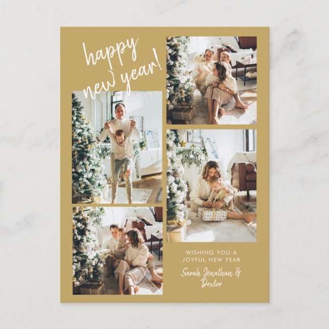 Gold Modern Brush Script 4 Photo Happy New Year Postcard (Front)