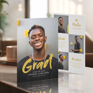 Gold Modern Brush Script Photo Graduation Invitation
