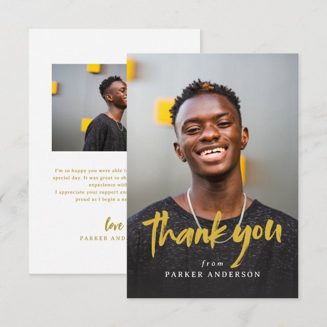 Gold Modern Brush Script Simple Photo Graduation  Thank You Card (Front/Back)