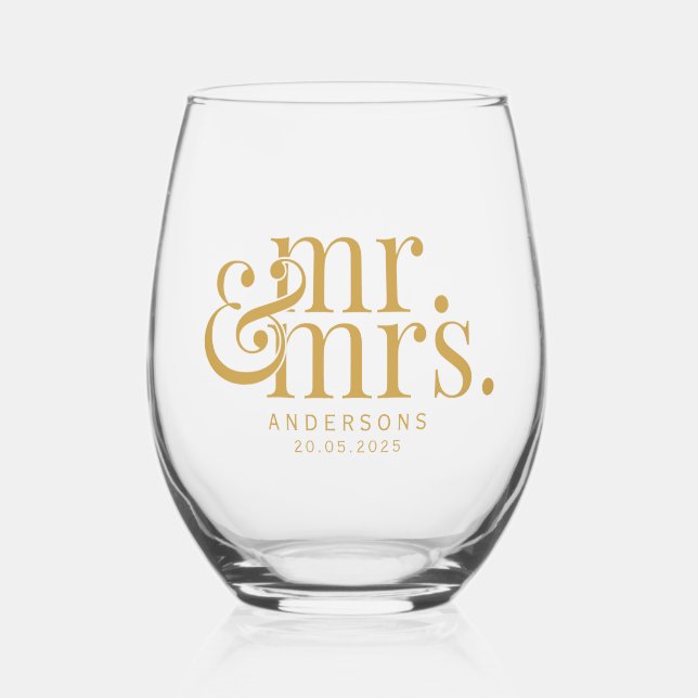 Gold Modern Calligraphy Mr. and Mrs. Wedding Stemless Wine Glass (Front)
