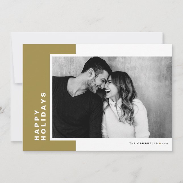 Gold Modern Colour Block Happy Holidays Photo Holiday Card (Front)