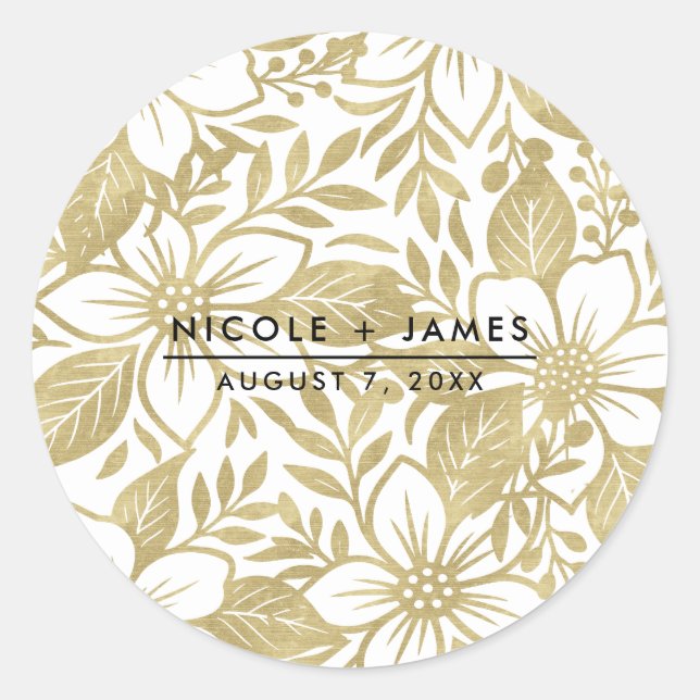 Gold Modern Floral Bloom Classic Round Sticker (Front)