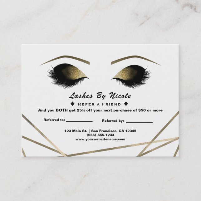 Gold Modern Glam Eyelashes Refer Friend Aftercare Referral Card (Front)
