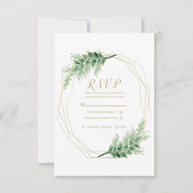 Gold Modern Glam Geometric Botanical Wedding RSVP Card (Front)