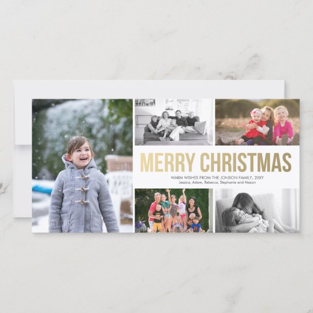 Gold Modern Joyeux Noël Collage 5 Carte photo (Devant)