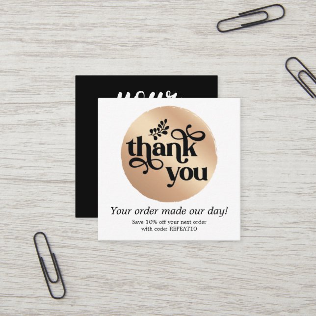 Gold Modern Personalized Order Circle Thank You Square Business Card (Front/Back In Situ)