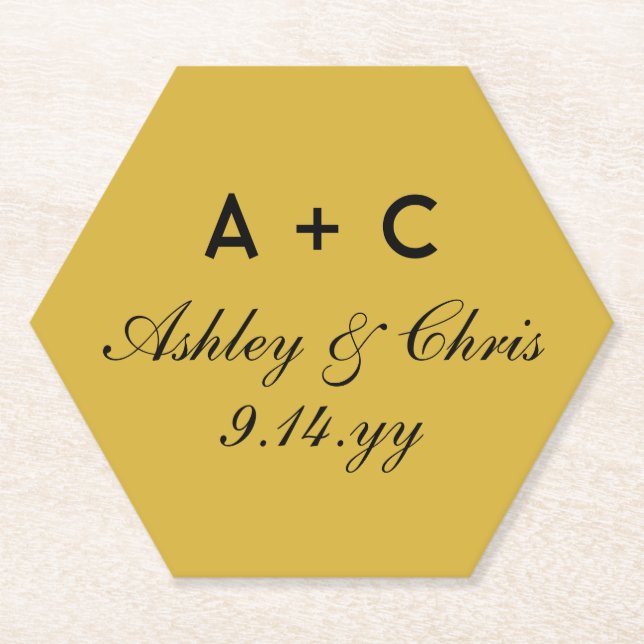 Gold Modern Personalized Wedding Reception Favour Paper Coaster (Front)