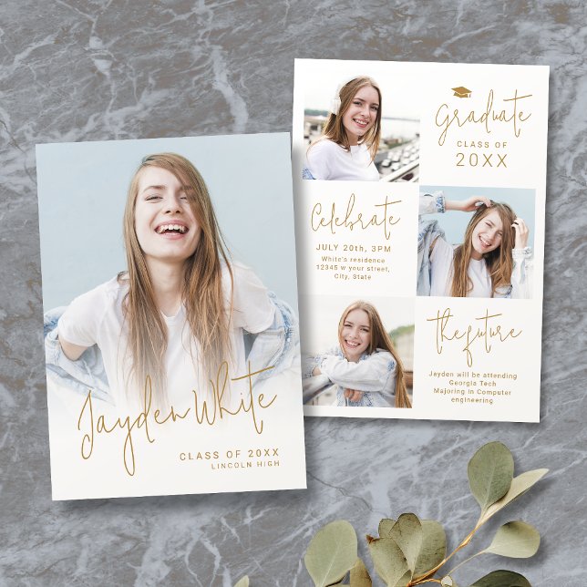 Gold Modern Script 4 Photo Graduation Faire-part (Gold Modern Script 4 Photo Graduation Announcement)