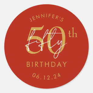 Gold Modern Script 50th Birthday Party Red Classic Round Sticker