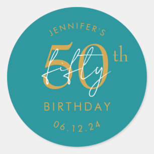 Gold Modern Script 50th Birthday Party Teal Classic Round Sticker