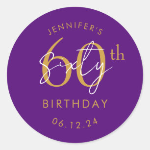 Gold Modern Script 60th Birthday Party Purple Classic Round Sticker
