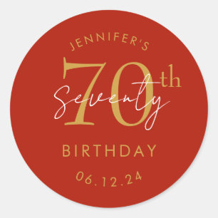 Gold Modern Script 70th Birthday Party Red Classic Round Sticker
