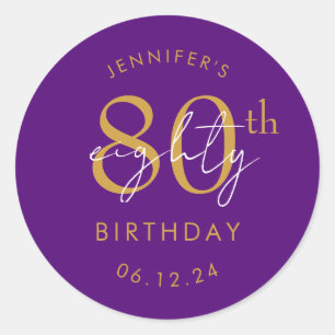 Gold Modern Script 80th Birthday Party Purple  Classic Round Sticker