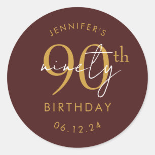 Gold Modern Script 90th Birthday Party Burgundy  Classic Round Sticker