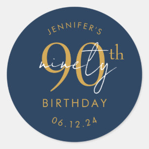 Gold Modern Script 90th Birthday Party Navy Blue  Classic Round Sticker