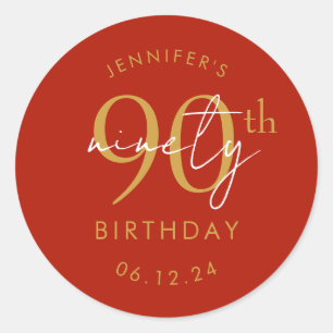 Gold Modern Script 90th Birthday Party Red  Classic Round Sticker