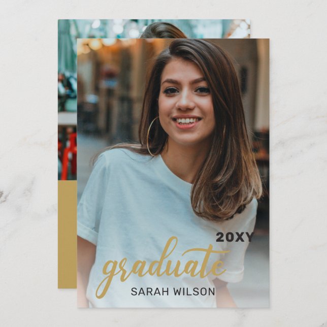 Gold Modern Script Graduate Two Photos Drive By In Invitation (Front/Back)