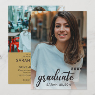 Gold Modern Script Graduate Two Photos Drive By Invitation