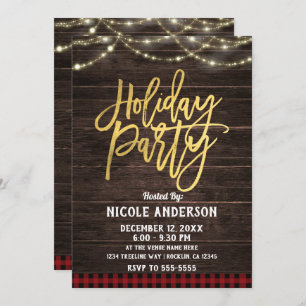 Gold Modern Script Holiday Party Rustic Wood Plaid Invitation