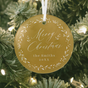 Gold Modern script Merry Christmas Holiday Metal O Glass Ornament