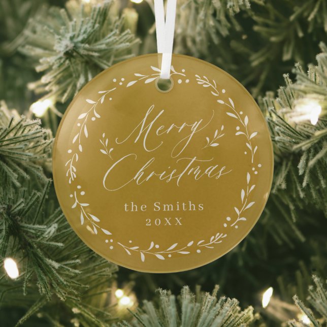 Gold Modern script Merry Christmas Holiday Metal O Glass Ornament (Insitu)