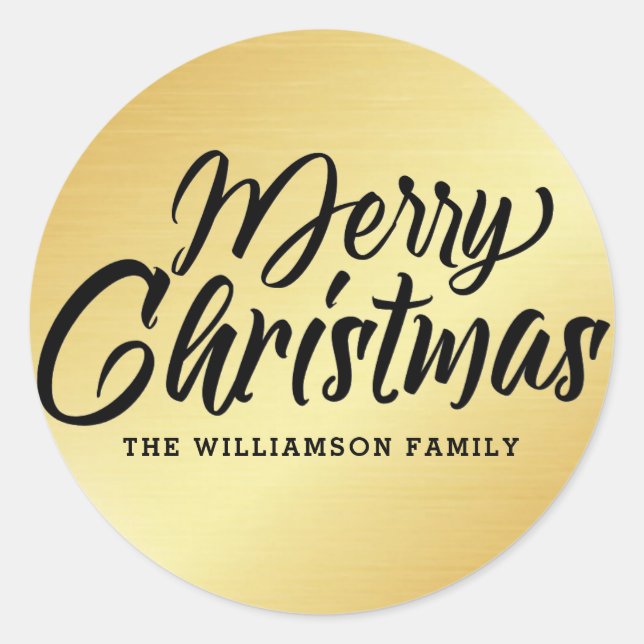 Gold Modern Script Merry Christmas Personalized Classic Round Sticker (Front)