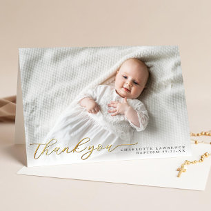 Gold Modern Script Religious Photo Baptism Thank You Card
