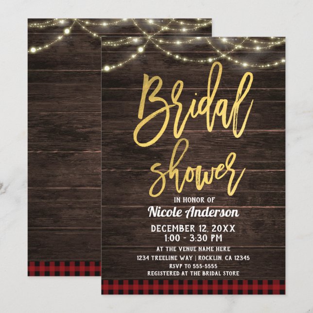 Gold Modern Script Rustic Wood Plaid Bridal Shower Invitation (Front/Back)