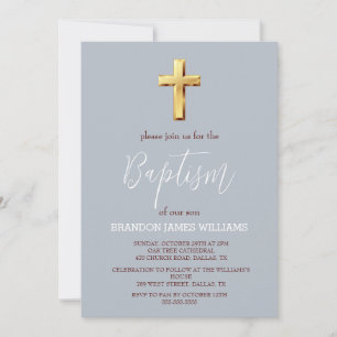 Gold Modern Simple Dusty Blue Cross Baptism Invitation