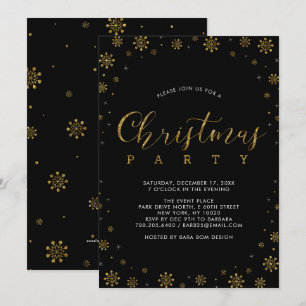 Gold Modern Snowflakes Christmas Dinner Party Invitation