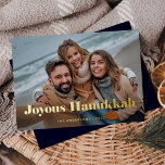 Gold Modern Text and Photo | Joyous Hanukkah Foil Holiday Card<br><div class="desc">This simple and stylish holiday card says "Joyous Hanukkah" in bold,  gold foil elegant modern typography with your favourite personal photo across the front of the card. The back of the card is a dark blue colour.</div>