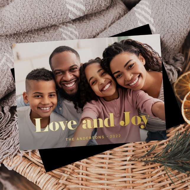 Gold Modern Text and Photo | Love and Joy Foil Holiday Card (Creator Uploaded)