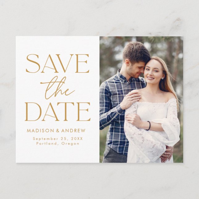 Gold | Modern Typography Photo Save the Date Announcement Postcard (Front)
