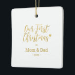 Gold Mom & Dad Parents First Christmas Photo Ceramic Ornament<br><div class="desc">Celebrate the season with this stylish first Christmas photo ornament for the family. This design features modern lettering " Our First Christmas as Mom & Dad" with a cute heart icon. You can add your photo and personalize the text. More holiday gifts and cards are available at my shop BaraBomDesign....</div>