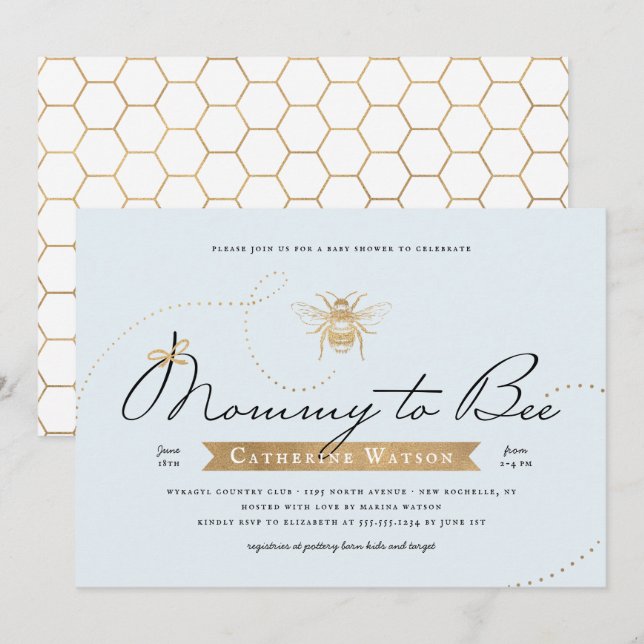Gold Mommy to Bee Baby Shower Blue Invitation (Front/Back)