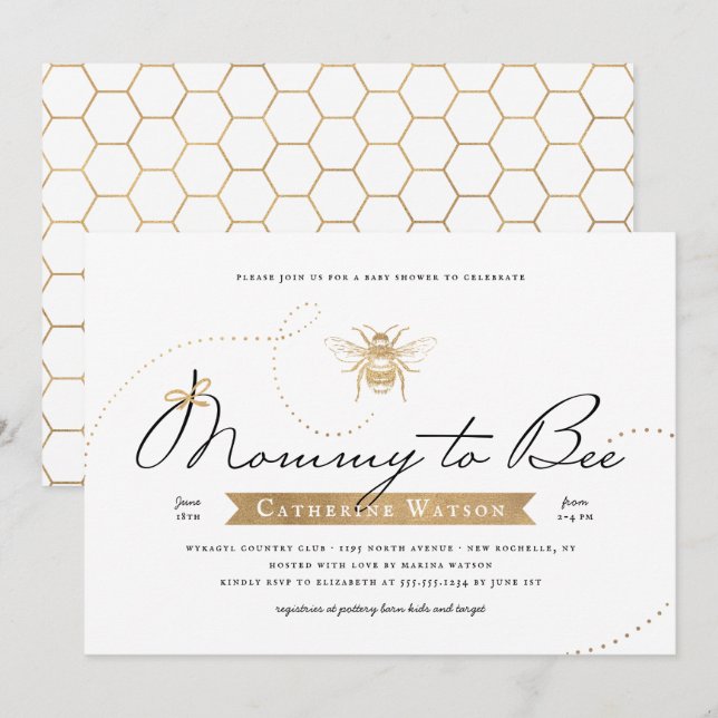 Gold Mommy to Bee Baby shower Invitation (Devant / Derrière)