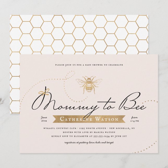 Gold Mommy to Bee Baby Shower Pink Blush Invitation (Front/Back)