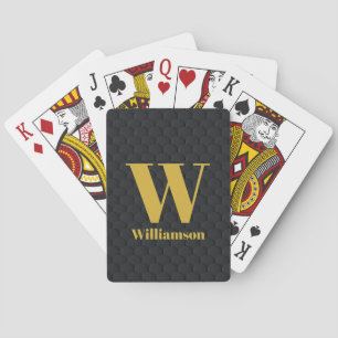 Gold Monogram and Name on Black Geometric Pattern Playing Cards