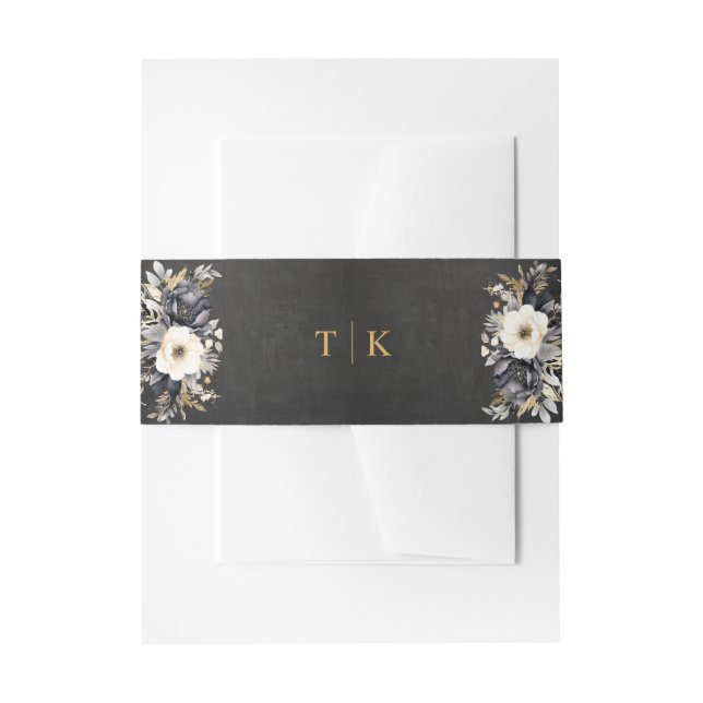 Gold Monogram and Peonies Invitation Belly Band (Front Example)