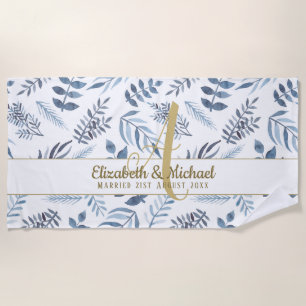 Gold Monogram Azure Blue Botanical Leaves Wedding Beach Towel