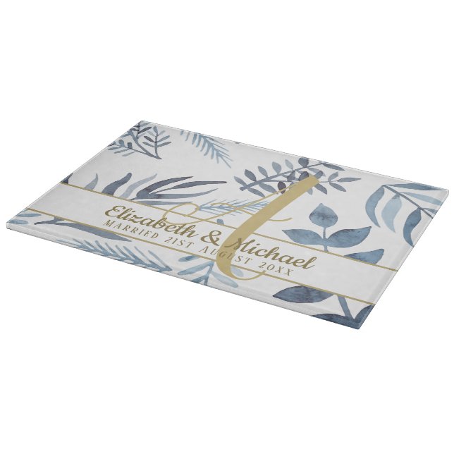 Gold Monogram Azure Blue Botanical Leaves Wedding Cutting Board (Corner)