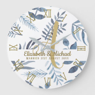 Gold Monogram Azure Blue Botanical Leaves Wedding Large Clock