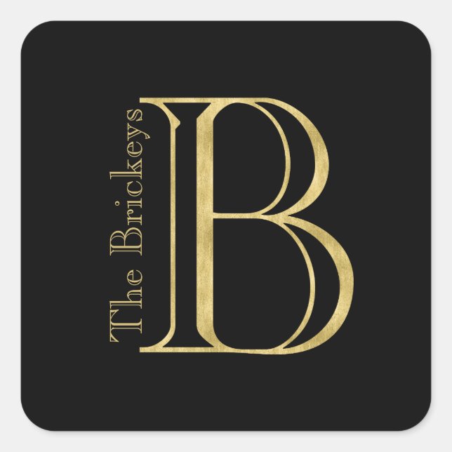 Gold Monogram B and Name on Any Colour Square Sticker (Front)