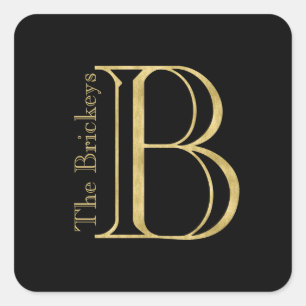 Gold Monogram B and Name on Any Colour Square Sticker