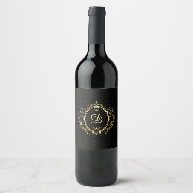 Gold monogram black damask background wine label (Front)
