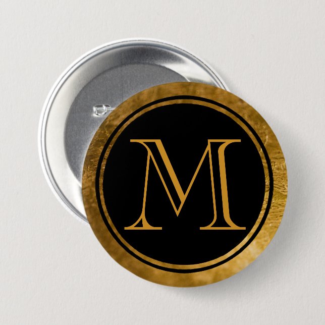 Gold Monogram Black Elegance 3 Inch Round Button (Front & Back)
