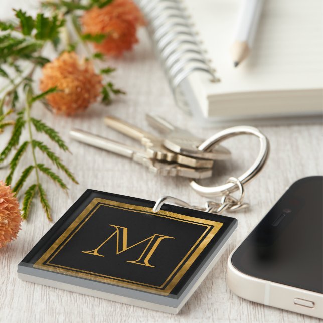 Gold Monogram Black Elegance Keychain (Front Right)