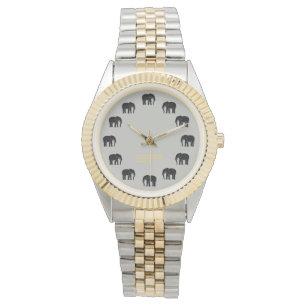 Gold Monogram Black Elephant Numerals on Silver Watch