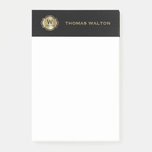 Gold Monogram Black Leather Look Elegant Post-it Notes